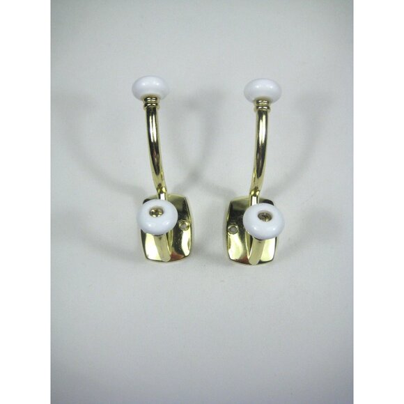 Set Of 2 Vintage Double Gold Wall Hooks Brass Ceramic Knobs 4 Inches Long Taiwan - Picture 2 of 13